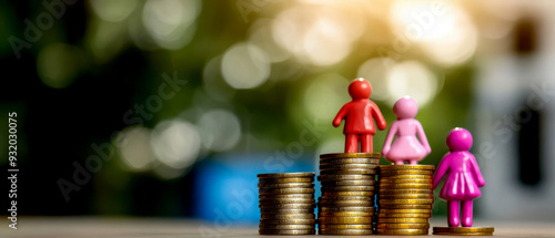 Concept of gender equality in finance, showing figures of men and women standing on coins representing economic growth. photo