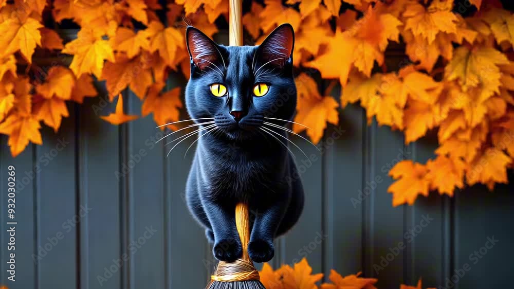 A black cat is sitting on a broom in a pile of orange leaves A black cat is sitting on a broom in a pile of orange leaves
