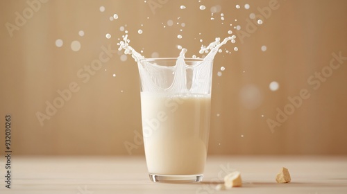 A close-up of a glass of milk with a splash effect, set on a light-colored wooden surface. The milk is shown with droplets suspended in mid-air, creating a dynamic and refreshing image. The