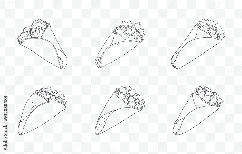 Print Burrito Line Art Vector Set with Various Burrito Illustrations and Designs for Creative Projects Print Burrito Line Art Vector Set with Various Burrito Illustrations and Designs for Creative Projects