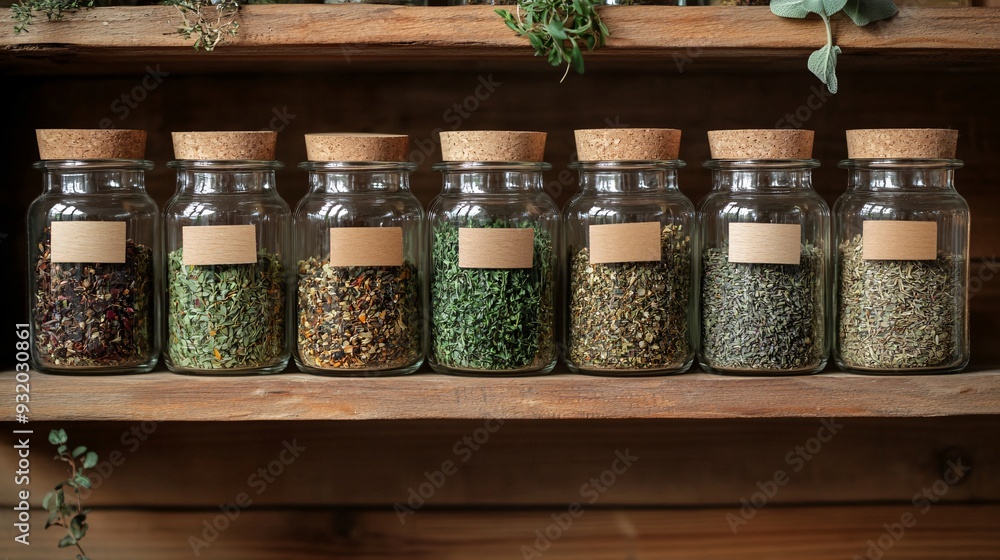 An elegant display of various dried herbs in glass jars, with each jar labeled and arranged on a wooden shelf. The herbs include sage, oregano, and mint, showing their unique textures and colors. The An elegant display of various dried herbs in glass jars, with each jar labeled and arranged on a wooden shelf. The herbs include sage, oregano, and mint, showing their unique textures and colors. The