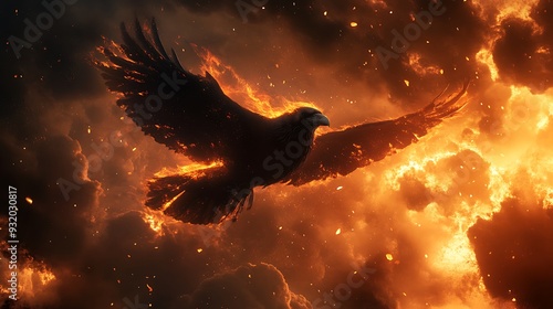Wallpaper Mural Intense Flight of the Glowing Raven: Photorealistic Bird with Ember-Like Feathers Soaring Through Fiery Storm Torontodigital.ca