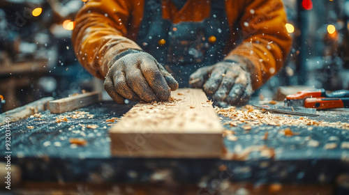 Woodworker using gloves to smooth a wooden plank with a hand plane in a woodworking shop photo