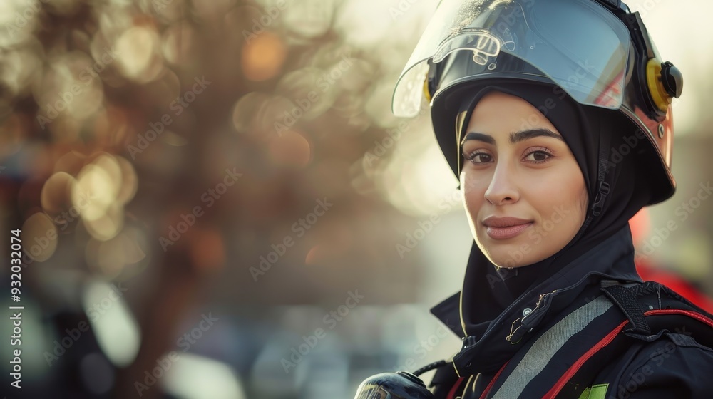 A hijab-wearing woman in safety gear confidently poses outdoors during the golden hour A hijab-wearing woman in safety gear confidently poses outdoors during the golden hour
