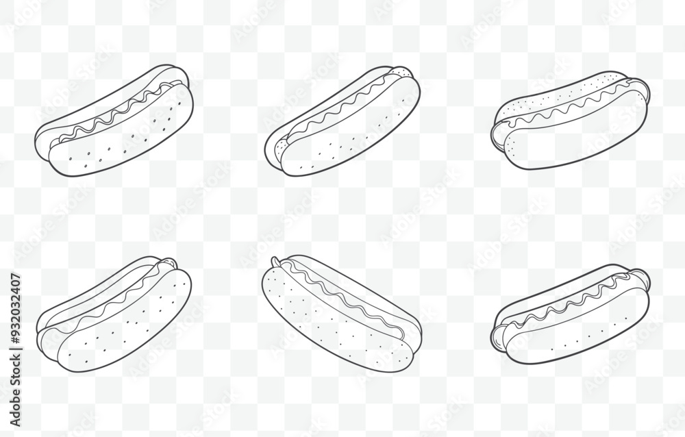 Print Hot Dog Line Art Vector Set with Detailed Illustrations of Classic Fast Food Hotdogs in Various Styles Print Hot Dog Line Art Vector Set with Detailed Illustrations of Classic Fast Food Hotdogs in Various Styles