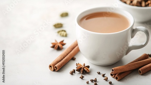 An inviting image of a cup of chai tea with a few spices like cinnamon sticks, cloves, and cardamom pods placed around. The cup is set on a clean, white surface with a softly blurred background. The