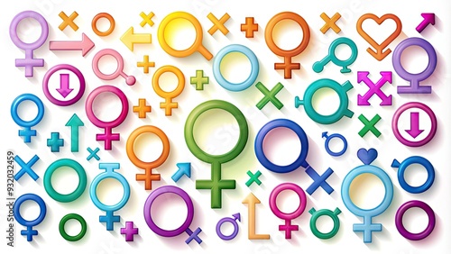 Colorful icons representing diverse gender identities and expressions, including non-binary, transgender, and genderqueer symbols, gathered together on a white background with a subtle gradient. photo