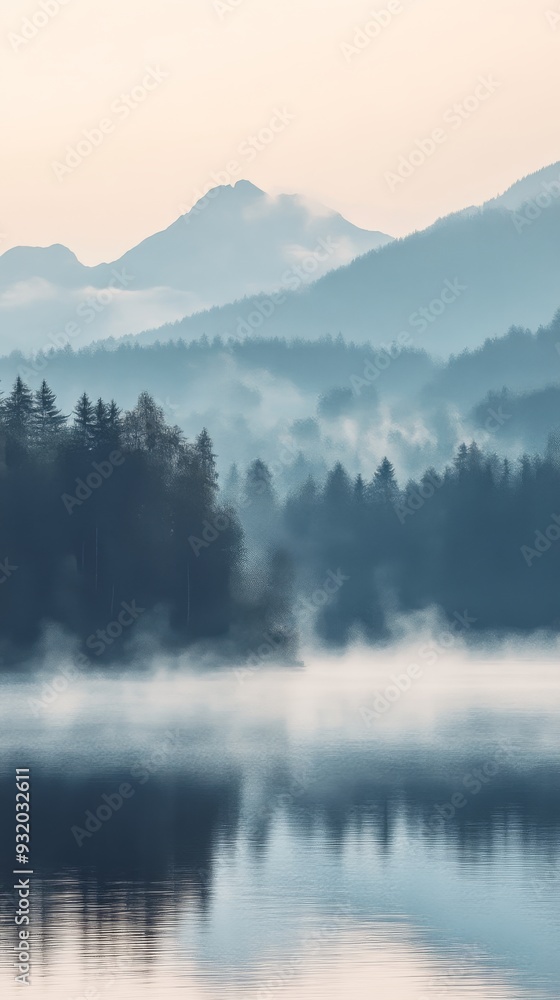 Misty mountain landscape with pine trees and Misty mountain landscape with pine trees and