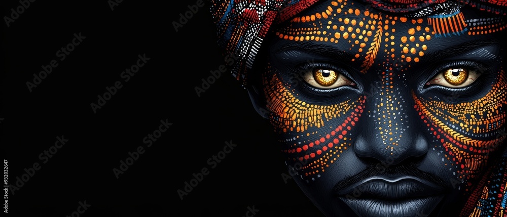 Naklejka premium A striking portrait showcasing intricate face paint and captivating eyes, celebrating cultural beauty and artistic expression.