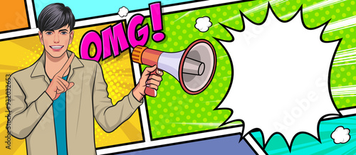 Business man with loudspeaker megaphone announcing discount or sale Special offer shopping time