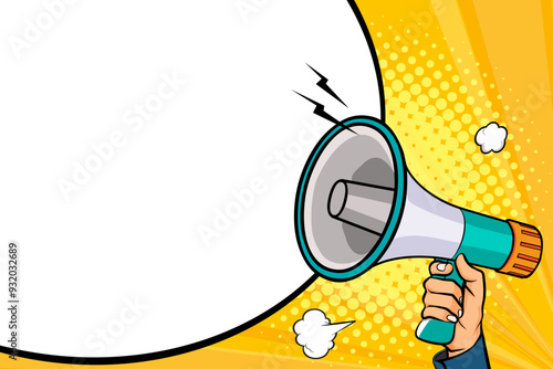 Hand holds megaphone bullhorn in retro pop art comic style Advertising banner with megaphone. Announcement of news, sales, special offer, sale, Loudspeaker announces