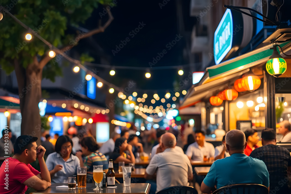 A lively outdoor restaurant scene in the evening, with patrons enjoying drinks and conversation. Warm lantern lights and string lights create a cozy atmosphere. A lively outdoor restaurant scene in the evening, with patrons enjoying drinks and conversation. Warm lantern lights and string lights create a cozy atmosphere.