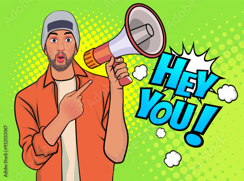 Business man with loudspeaker megaphone announcing discount or sale Special offer shopping time