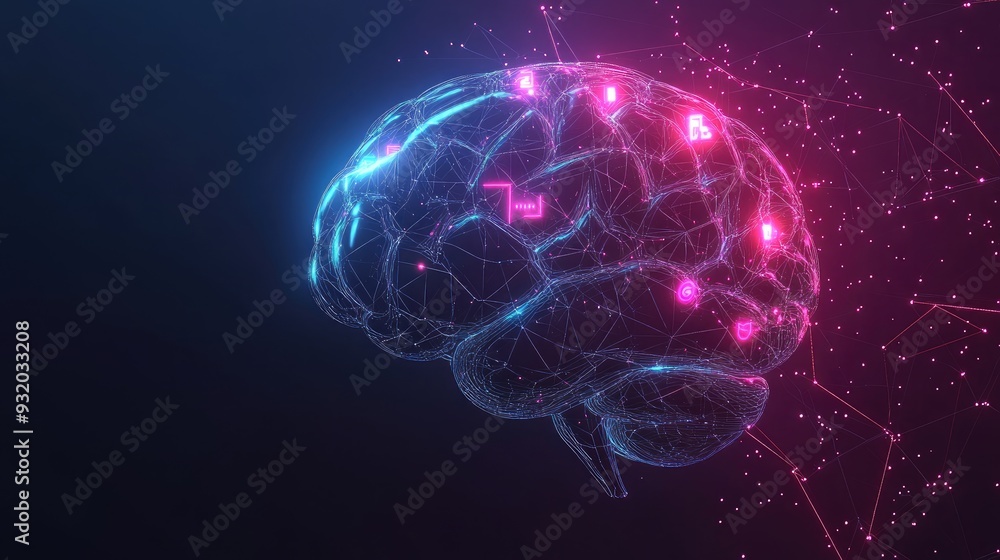 Abstract AI brain design with luminous lines and tech symbols Abstract AI brain design with luminous lines and tech symbols