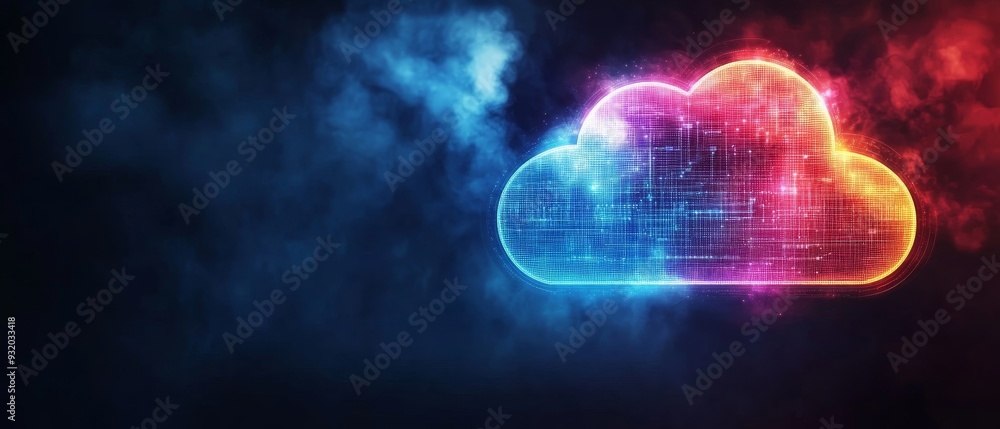 Vibrant digital cloud icon glowing in neon colors, representing cloud computing and technology. Ideal for tech-related designs. Vibrant digital cloud icon glowing in neon colors, representing cloud computing and technology. Ideal for tech-related designs.