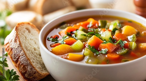 A detailed shot of a bowl of vegetable soup with a variety of colorful veggies like carrots, celery, and bell peppers. The soup is garnished with fresh herbs and served with a slice of whole-grain photo