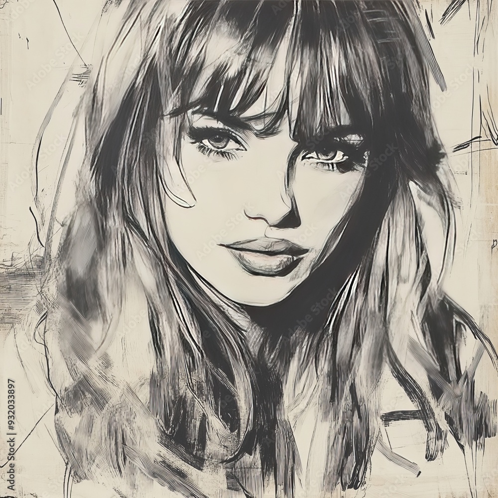 Fototapeta premium Striking monochromatic sketch of a woman with long hair and an intense gaze, showcasing detailed line work and artistic expression