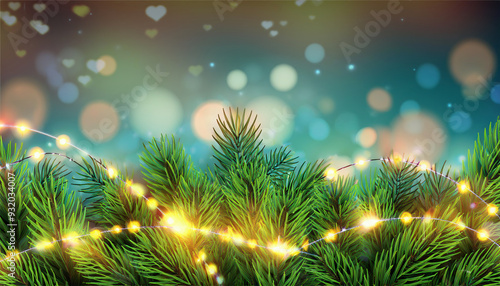 Christmas lights and fir tree branches on blue bokeh background. copy space