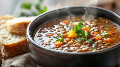 A detailed shot of a bowl of lentil soup with vegetables, garnished with fresh herbs and served with a side of whole-grain bread. The soup is steaming and arranged beautifully in the bowl, with a