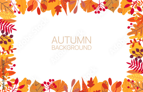 Autumn frame background. Fall leaf thanksgiving border. Abstract leaves banner design. Floral frame pattern poster. Orange foliage season sale. Vector flat illustration 