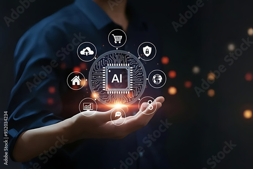 Businessman holding chip CPU working of AI and artificial intelligence automation. Computer connection with information intelligent technology. AI prompt generate, AI for business, AI tech concept.