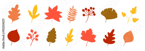 Set of autumn leaves. Fall maple tree leaf icon. Foliage oak, yellow forest plant leaves. Red autumn season thanksgiving leaf element. Vector hand drawn flat illustration