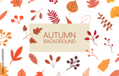 Autumn background. Fall leaf thanksgiving pattern. Abstract leaves banner design. Floral frame border poster. Orange foliage season sale. Vector flat illustration
