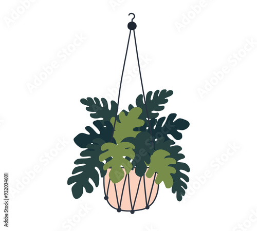 Macrame monstera plant in pot. Garden house indoor hanger flowerpot. Hanging macrame home plant for interior decor. Vector flat illustration