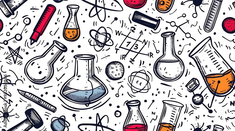 A seamless doodle pattern featuring beakers, test tubes, and microscopes, scattered in a dynamic arrangement with atoms and chemical formulas, in a bright and whimsical color palette, A seamless doodle pattern featuring beakers, test tubes, and microscopes, scattered in a dynamic arrangement with atoms and chemical formulas, in a bright and whimsical color palette,