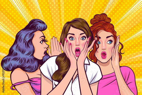 Woman whispering gossip secret to her friend surprise In Retro Vintage Pop Art Comic Style