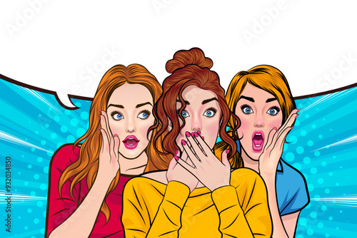 Woman whispering gossip secret to her friend surprise In Retro Vintage Pop Art Comic Style