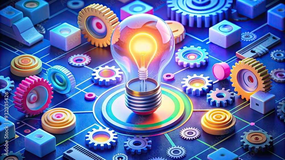 Obraz premium Colorful isometric illustration of a lightbulb surrounded by gears, documents, and target icons, representing innovative business ideas and creative problem-solving strategies.