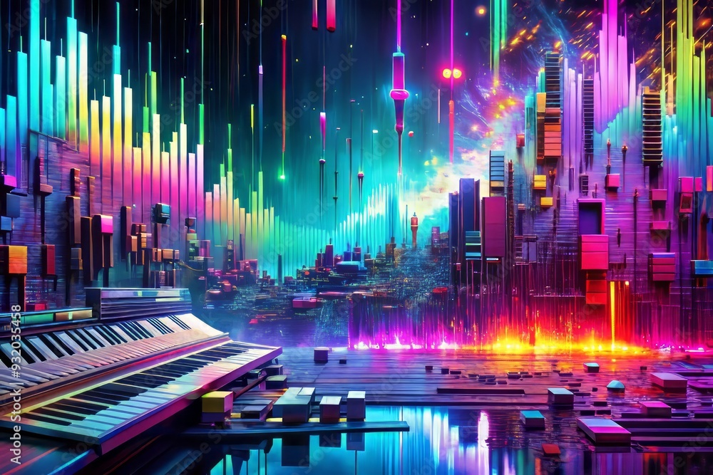 A dynamic fusion of chaotic synths, broken beats, and explosive colors, generating a mesmerizing atmosphere of sonic and visual experimentation. A dynamic fusion of chaotic synths, broken beats, and explosive colors, generating a mesmerizing atmosphere of sonic and visual experimentation.