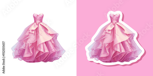 Vector princess pink dress, illustration of beautiful fluffy ball dress, fairytale princess clothes vintage style