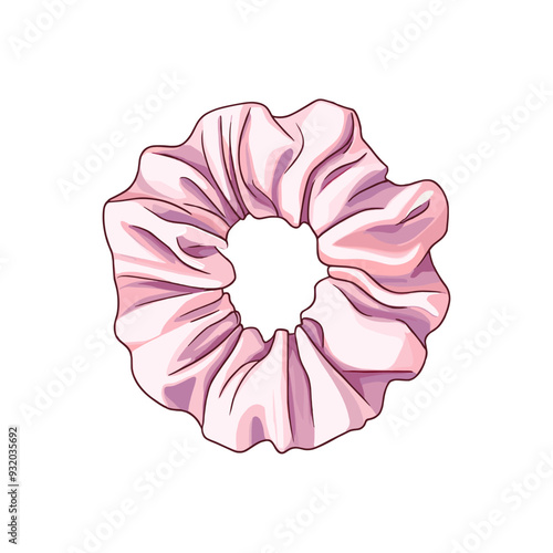 Scrunchy for girls: silk pink scrunchie for hair accessor . Cute tools for relaxation and self-care. Vector isolated on white.