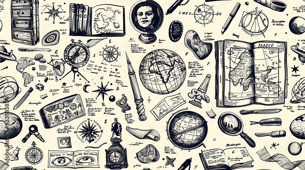 A seamless doodle pattern featuring history highlights like ancient maps, globes, and historical figures, scattered in a scholarly and vintage arrangement with artifacts and manuscripts, earthy tones, A seamless doodle pattern featuring history highlights like ancient maps, globes, and historical figures, scattered in a scholarly and vintage arrangement with artifacts and manuscripts, earthy tones,