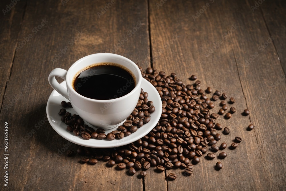 Fototapeta premium Coffee cup and beans on old kitchen table