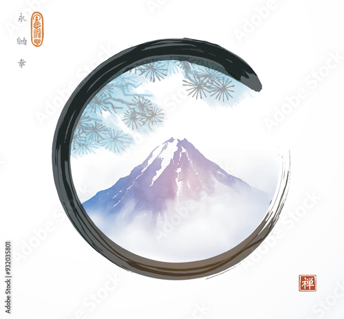 Pine branches over the mountain with a snow-capped peak in black enso zen circle. Hieroglyphs - eternity, freedom, happiness, zen