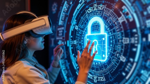 Woman wearing VR headset solving a colorful digital puzzle on a screen. Her hand reaches out towards the padlock icon. Futuristic technology, gaming, education.