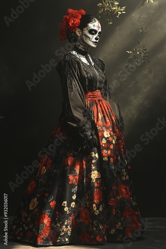 A captivating 3D illustration of a woman with sugar skull makeup, dressed in a traditional outfit, standing in a soft spotlight against a black background with subtle shadows