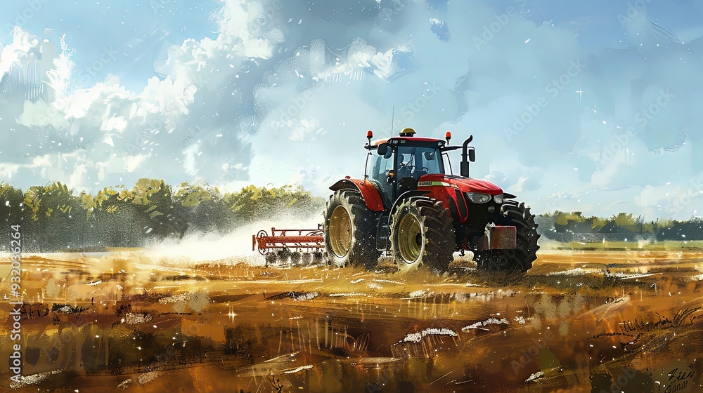 Fototapeta premium Tractor in the field, pesticides