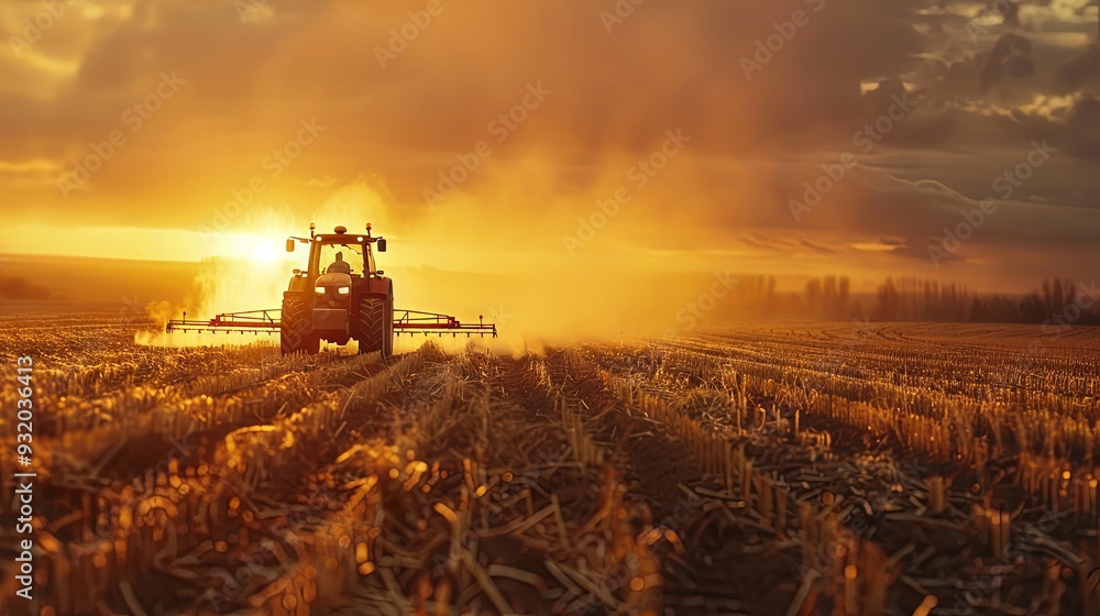 Fototapeta premium Tractor in the field, pesticides