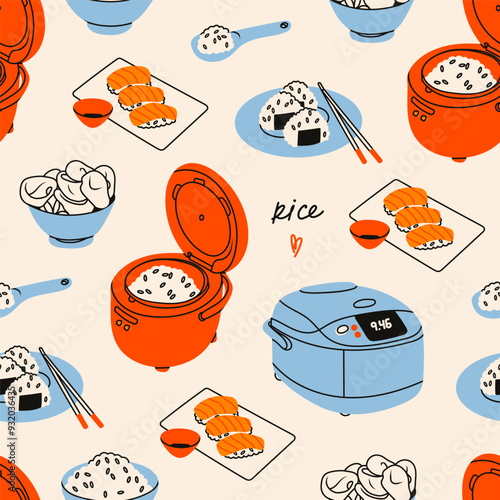 Rice meals. Bowl with rice, onigiri, rice chips, nigiri sushi, soy sauce, chopsticks, rice cooker. Tasty asian food concept. Hand drawn modern Vector illustration. Square seamless Pattern, background