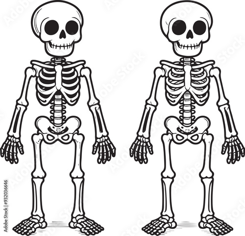 Cartoon Skeleton outlined for coloring book isolated on a white background, Line Drawing of a Dancing Skeleton