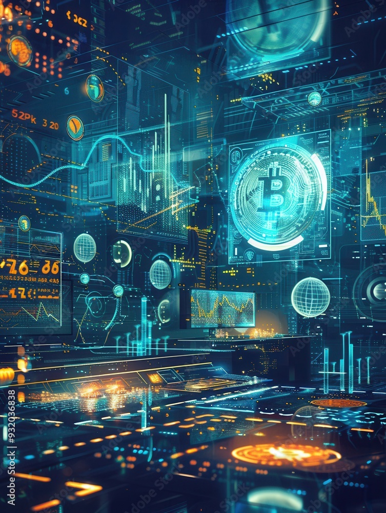 The interface shows real-time market values and charts for multiple cryptocurrencies in a futuristic design. Generative AI The interface shows real-time market values and charts for multiple cryptocurrencies in a futuristic design. Generative AI