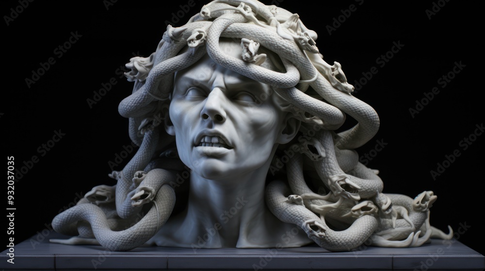 Medusa marble statue with cracked face and snake on top of the head ...