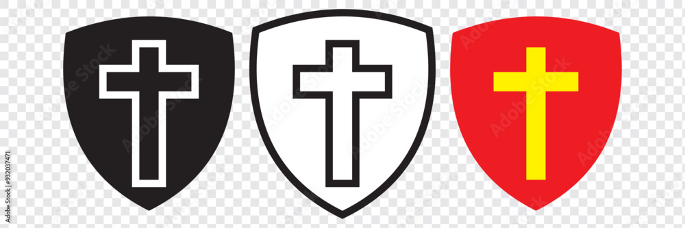 Obraz premium Shield with cross icon. Red shield with white cross. Vector flat icon. Shield with cross outline icon. linear style sign for mobile concept and web design. EPS 10.