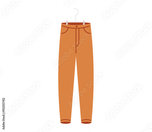 Simple illustration of orange pants hanging on a hanger, highlighting a minimalist and clean design. This fashion-forward image focuses on clothing care and garment presentation.