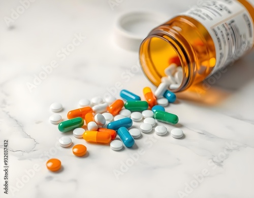 A spilled prescription medication scene on a white marble countertop, with vibrant orange, green, and blue capsules mixed with white tablets spilling from an overturned bottle create with ai