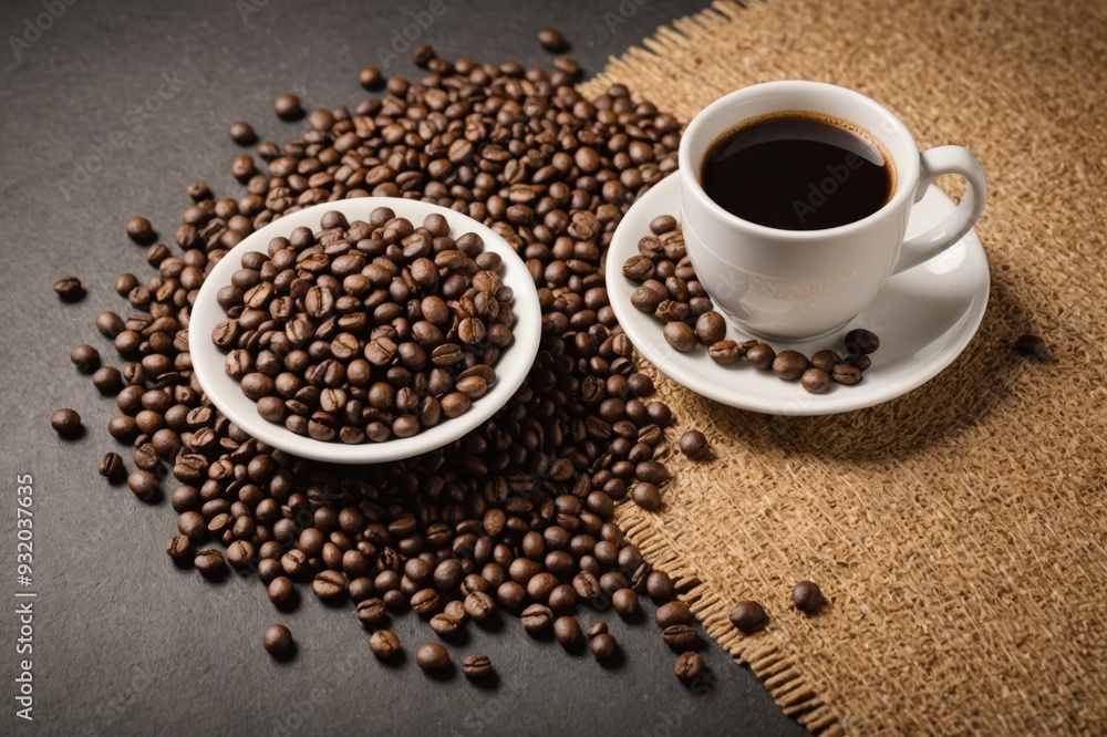 Roasted coffee beans, brown sugar and cup of hot espresso coffee Roasted coffee beans, brown sugar and cup of hot espresso coffee
